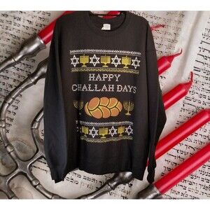 Men's Sweatshirt Happy Challah Days Black Judaic Menorah Star of David Size 2X